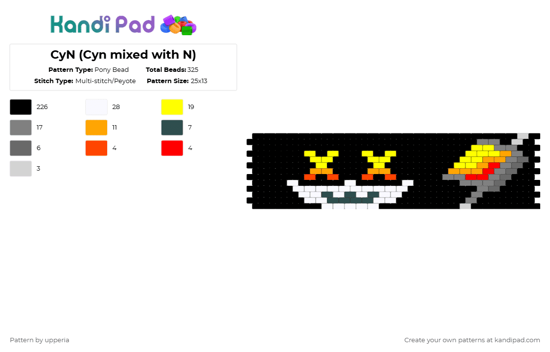 CyN (Cyn mixed with N) - Pony Bead Pattern by upperia on Kandi Pad - black,gray,yellow