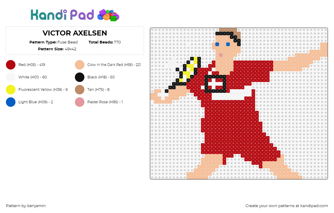 VICTOR AXELSEN - Fuse Bead Pattern by benjamin on Kandi Pad - victor axelsen,badminton,athlete,sports,agility,precision,celebration,dedication