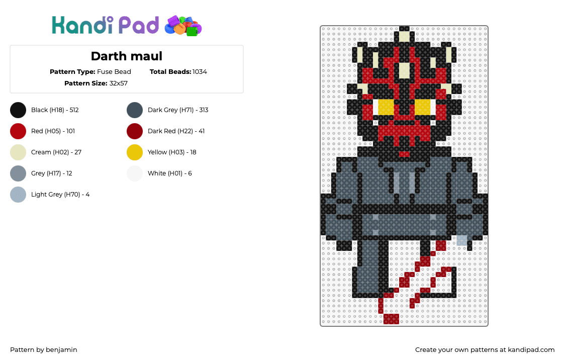 Darth maul - Fuse Bead Pattern by benjamin on Kandi Pad - darth maul,lego,star wars,character,jedi,villain,movie,lightsaber,gray,red