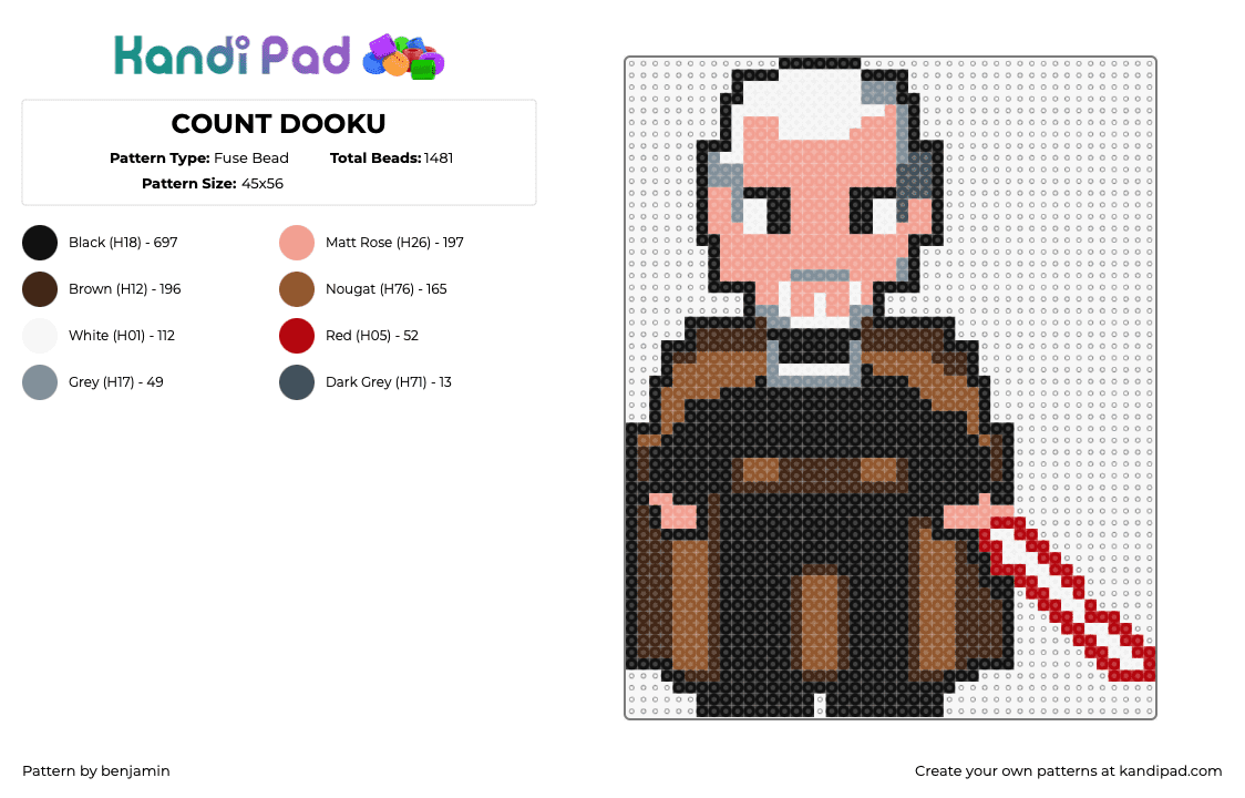 COUNT DOOKU - Fuse Bead Pattern by benjamin on Kandi Pad - count dooku,jedi,star wars,scifi,movie,character,lightsaber,cape,tan,brown,black