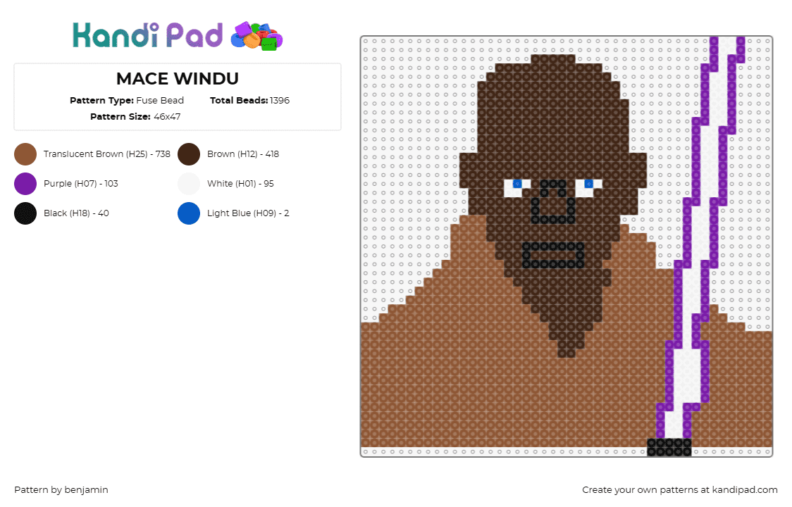 MACE WINDU - Fuse Bead Pattern by benjamin on Kandi Pad - mace windu,star wars,scifi,movie,character,jedi,lightsaber,formidable,galactic,p