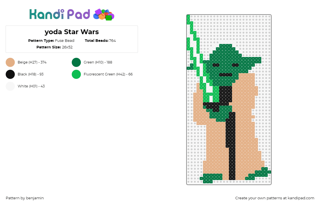 yoda Star Wars - Fuse Bead Pattern by benjamin on Kandi Pad - yoda,star wars,movie,scifi,jedi,character,lightsaber,green,tan