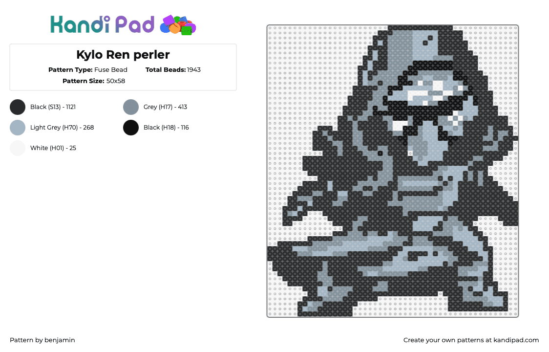 Kylo Ren perler - Fuse Bead Pattern by benjamin on Kandi Pad - kylo ren,star wars,jedi,movie,character,chibi,scifi,black,gray