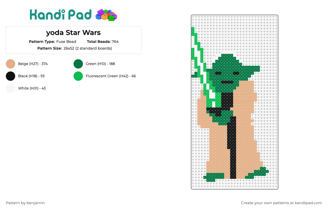 yoda Star Wars - Fuse Bead Pattern by benjamin on Kandi Pad - yoda,star wars,movie,scifi,jedi,character,lightsaber,green,tan