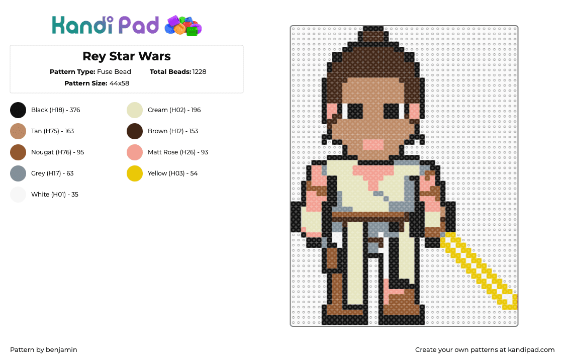 Rey Star Wars - Fuse Bead Pattern by benjamin on Kandi Pad - rey,star wars,jedi,lightsaber,scifi,movie,character,tan,beige