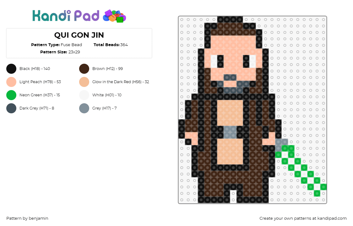 QUI GON JIN - Fuse Bead Pattern by benjamin on Kandi Pad - qui gon jinn,star wars,jedi,character,scifi,movie,stoic,lightsaber,green,brown