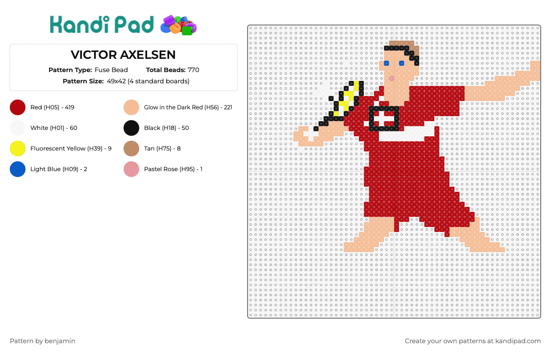 VICTOR AXELSEN - Fuse Bead Pattern by benjamin on Kandi Pad - victor axelsen,badminton,athlete,sports,agility,precision,celebration,dedication,competitive,action,red