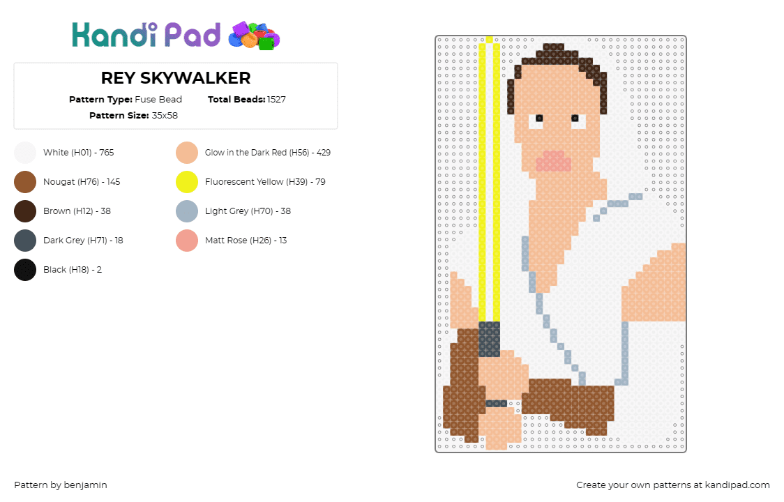 REY SKYWALKER - Fuse Bead Pattern by benjamin on Kandi Pad - rey skywalker,star wars,jedi,lightsaber,scifi,movie,heroine,galactic,yellow,whit