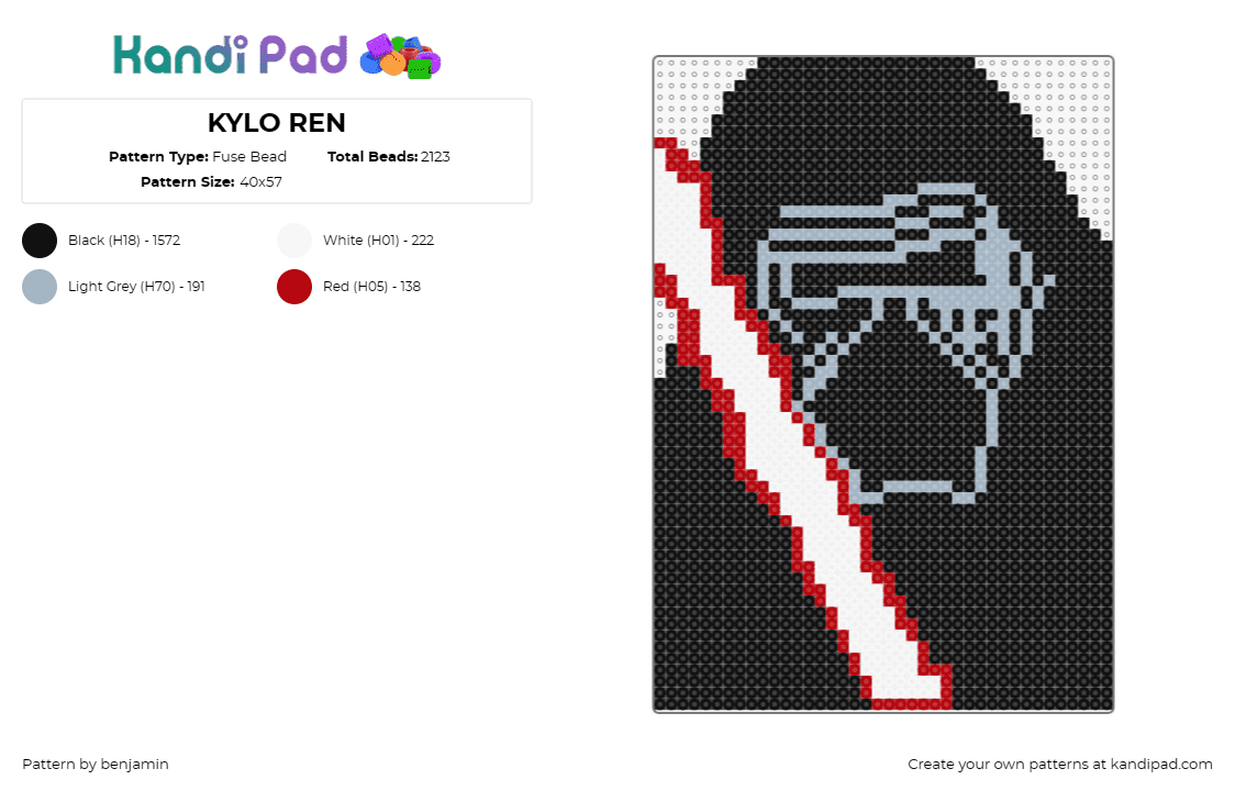 KYLO REN - Fuse Bead Pattern by benjamin on Kandi Pad - kylo ren,star wars,scifi,movie,character,jedi,lightsaber,galaxy,epic,saga,black