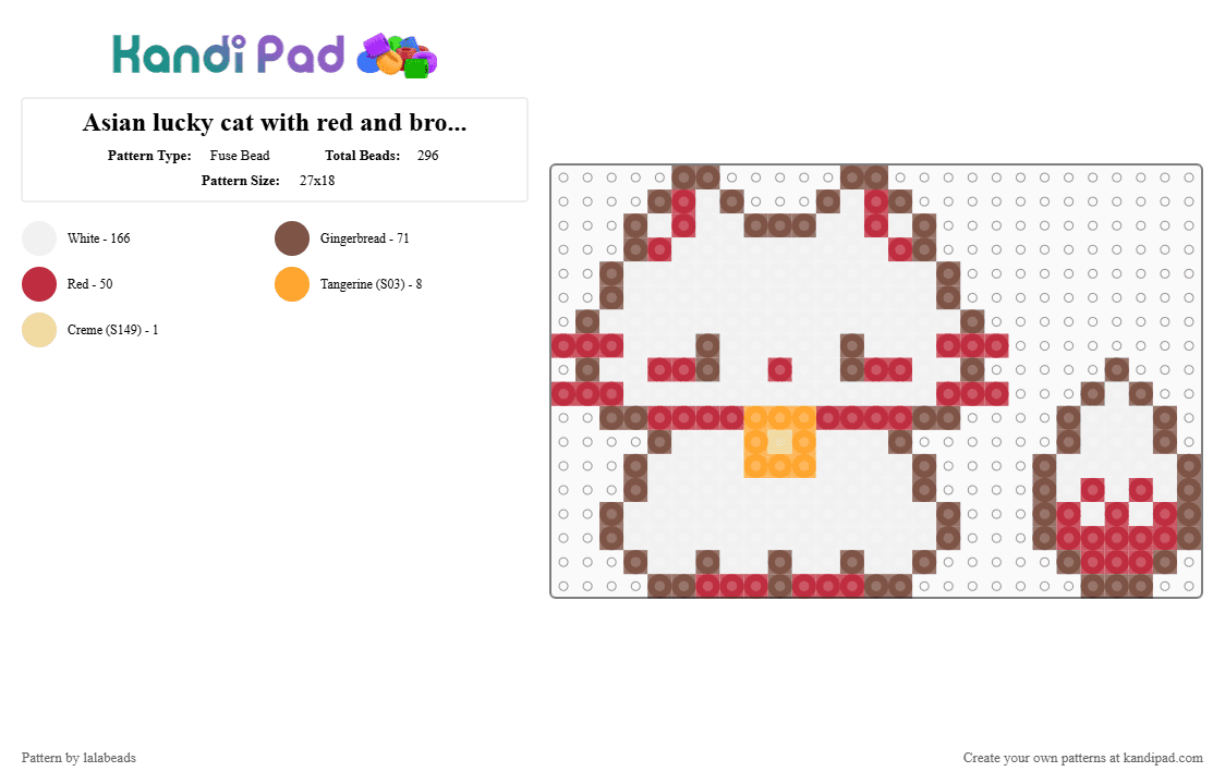 Asian lucky cat with red and brown tail cute - Fuse Bead Pattern by lalabeads on Kandi Pad - white,tan,red