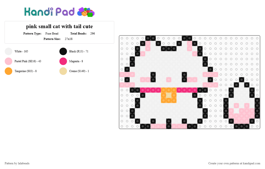 pink small cat with tail cute - Fuse Bead Pattern by lalabeads on Kandi Pad - pink, white