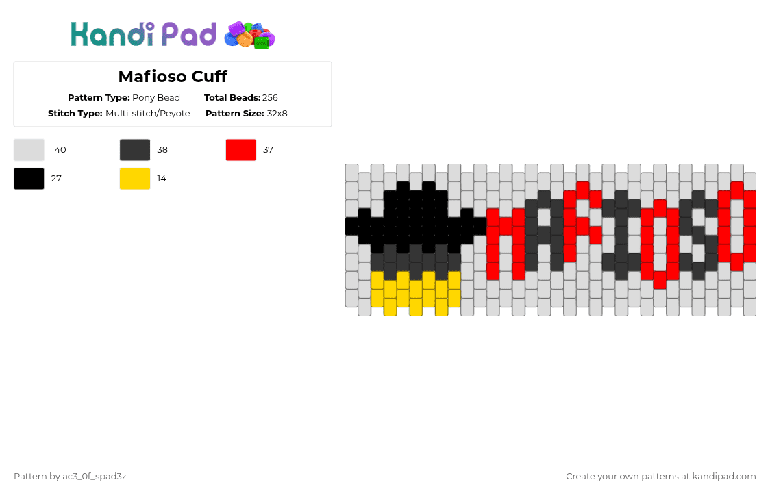 Mafioso Cuff - Pony Bead Pattern by ac3_0f_spad3z on Kandi Pad - white,red,yellow,mafioso,cuff,forsaken,dream game,frozen soul,roblox