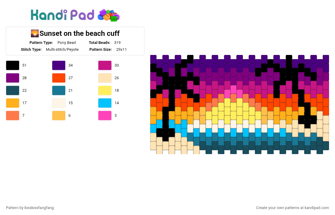 🌄Sunset on the beach cuff - Pony Bead Pattern by kisskissfangfang on Kandi Pad - purple,pink,orange,blue,cotdvacations