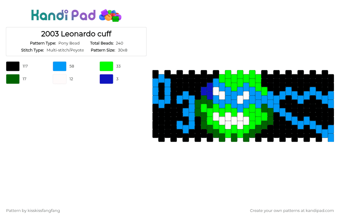 2003 Leonardo cuff - Pony Bead Pattern by kisskissfangfang on Kandi Pad - light blue,green