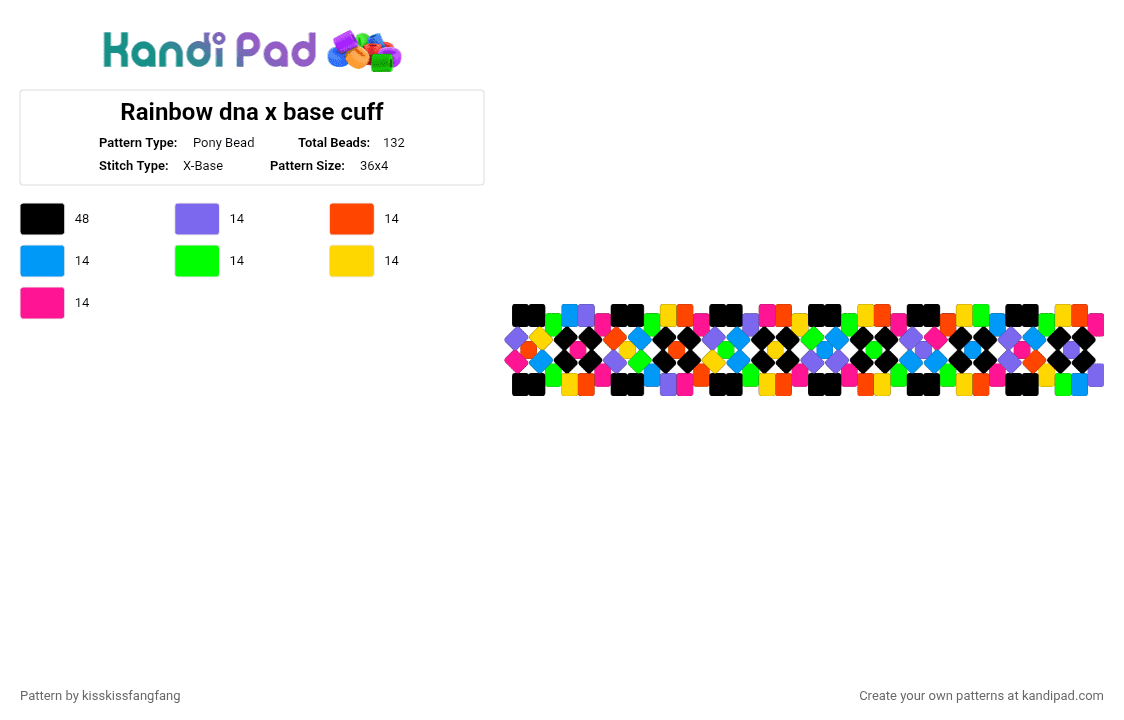 Rainbow dna x base cuff - Pony Bead Pattern by kisskissfangfang on Kandi Pad - red,green,pink,colorful