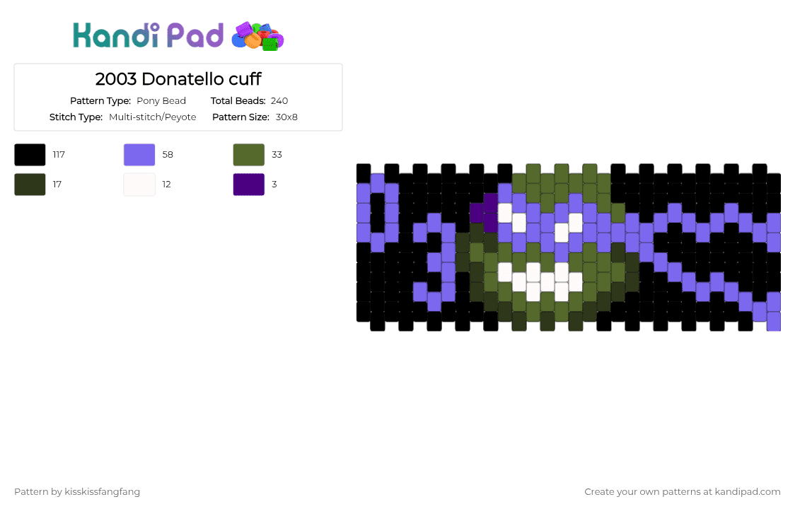 2003 Donatello cuff - Pony Bead Pattern by kisskissfangfang on Kandi Pad - black, blue, gold