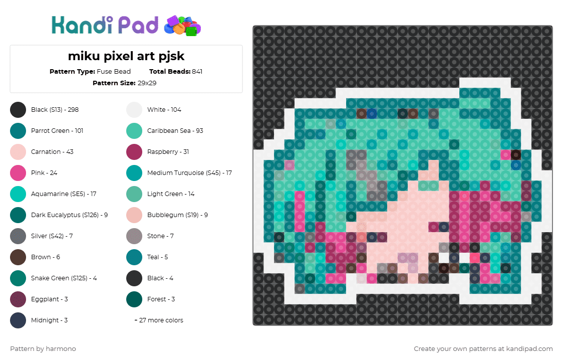 miku pixel art pjsk - Fuse Bead Pattern by harmono on Kandi Pad - teal,pink,beige