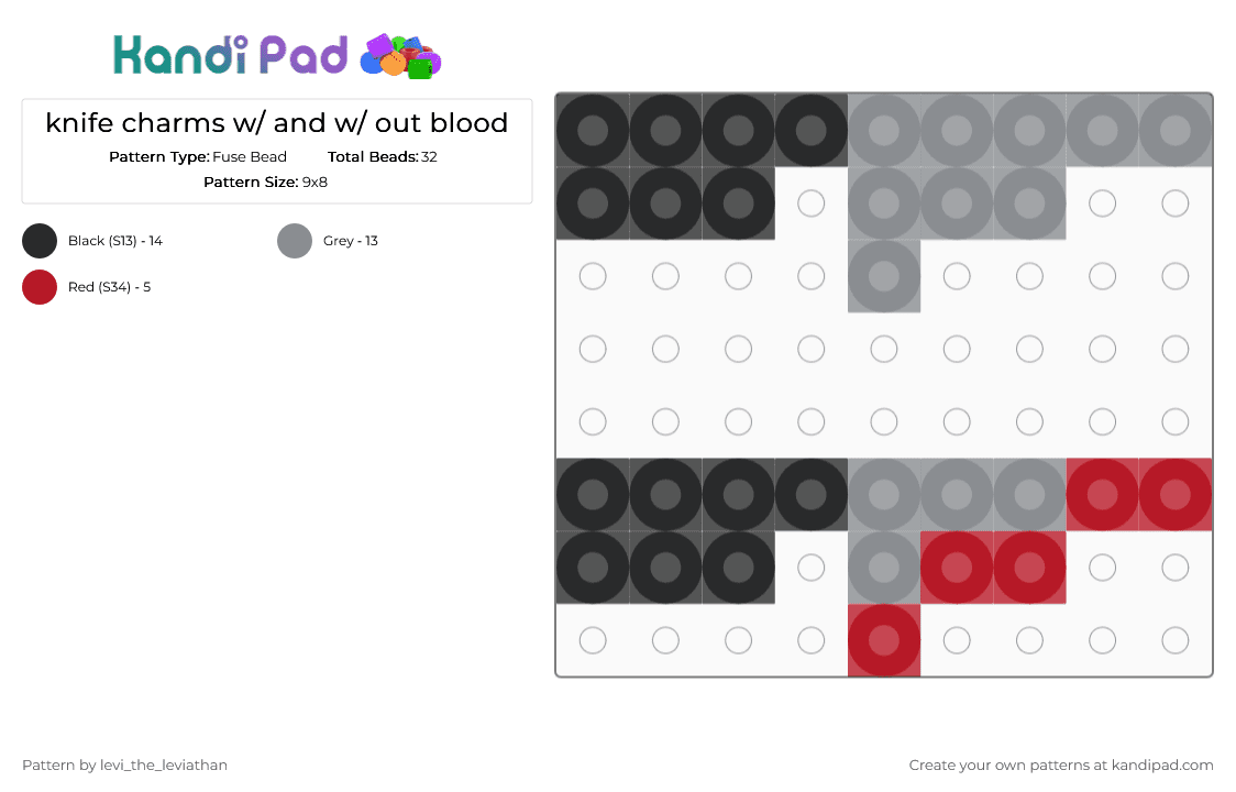 knife charms w/ and w/ out blood - Fuse Bead Pattern by levi_the_leviathan on Kandi Pad - blood, charms, gray, knife, red
