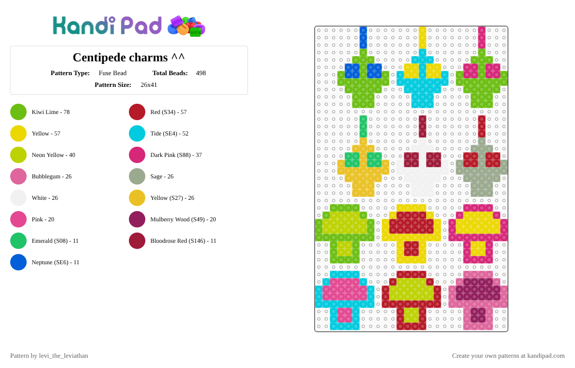 Centipede charms ^^ - Fuse Bead Pattern by levi_the_leviathan on Kandi Pad - bugs, charm, green, neon, pink, pixal, red, video game, yellow