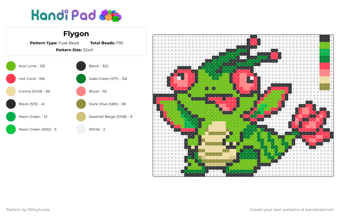 Flygon - Fuse Bead Pattern by l00nytunes on Kandi Pad - red,green