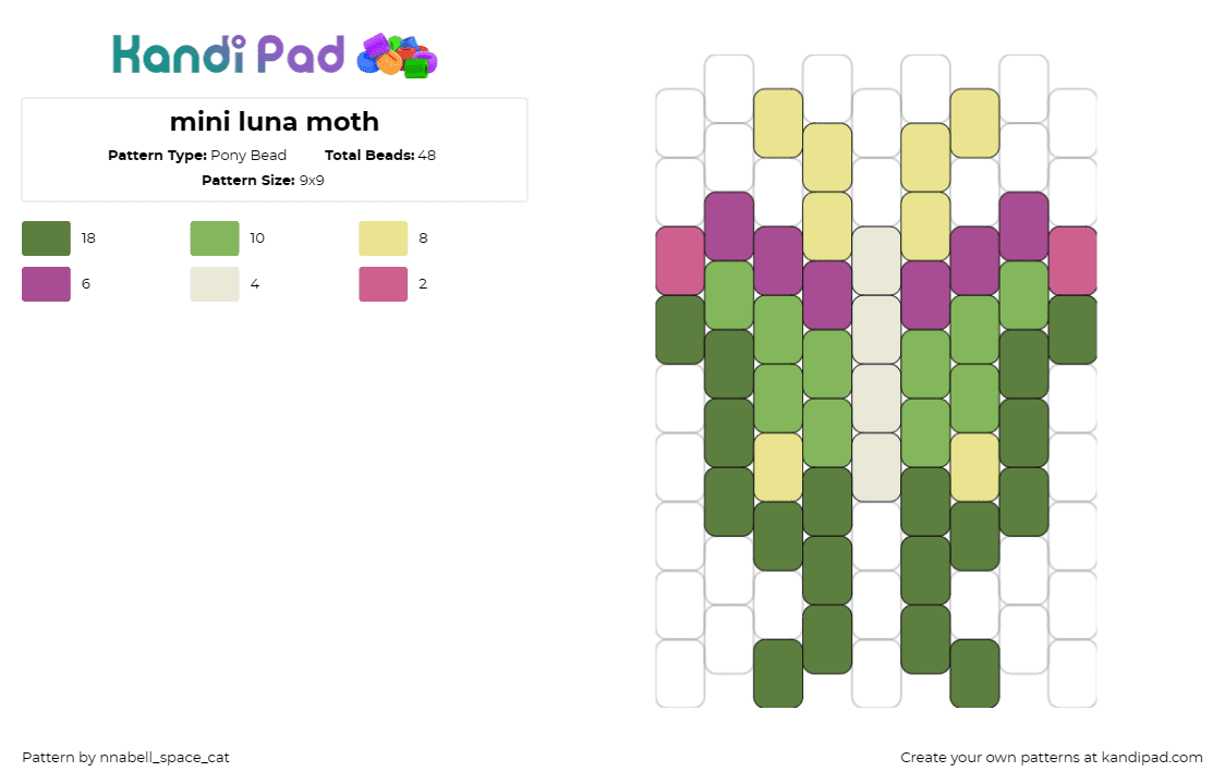 mini luna moth - Pony Bead Pattern by nnabell_space_cat on Kandi Pad - moth,insect,butterfly,winged,green