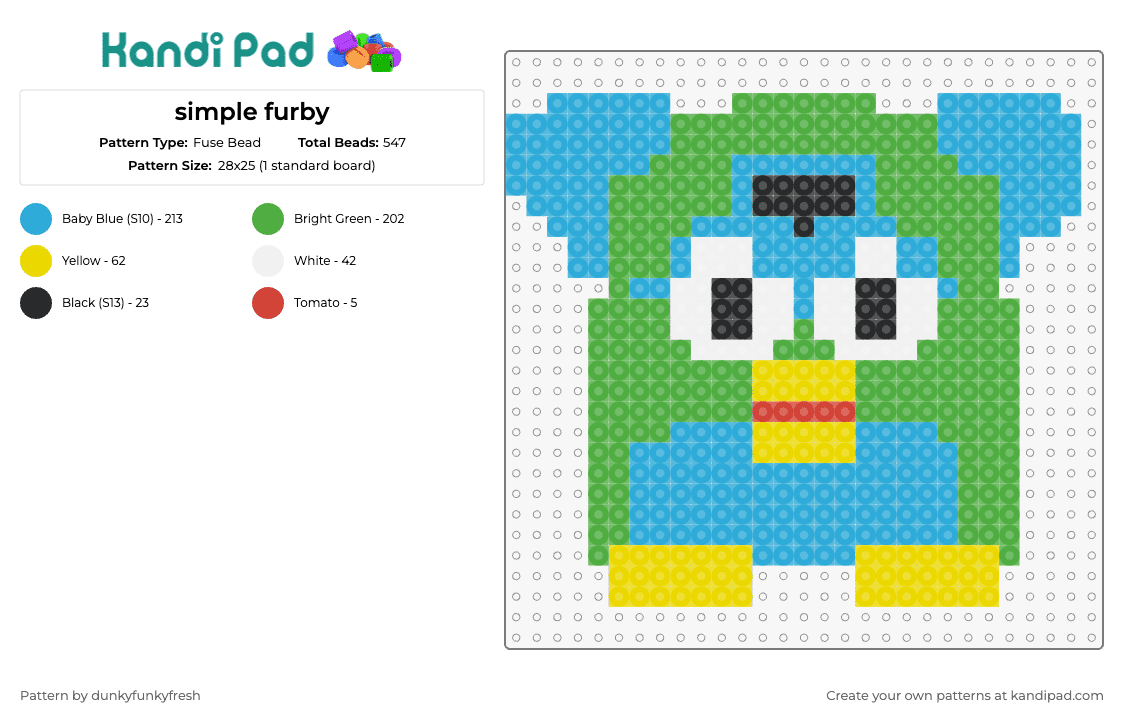 simple furby - Fuse Bead Pattern by dunkyfunkyfresh on Kandi Pad - furby,toy,classic,nostalgia,electronic,green,light blue,yellow