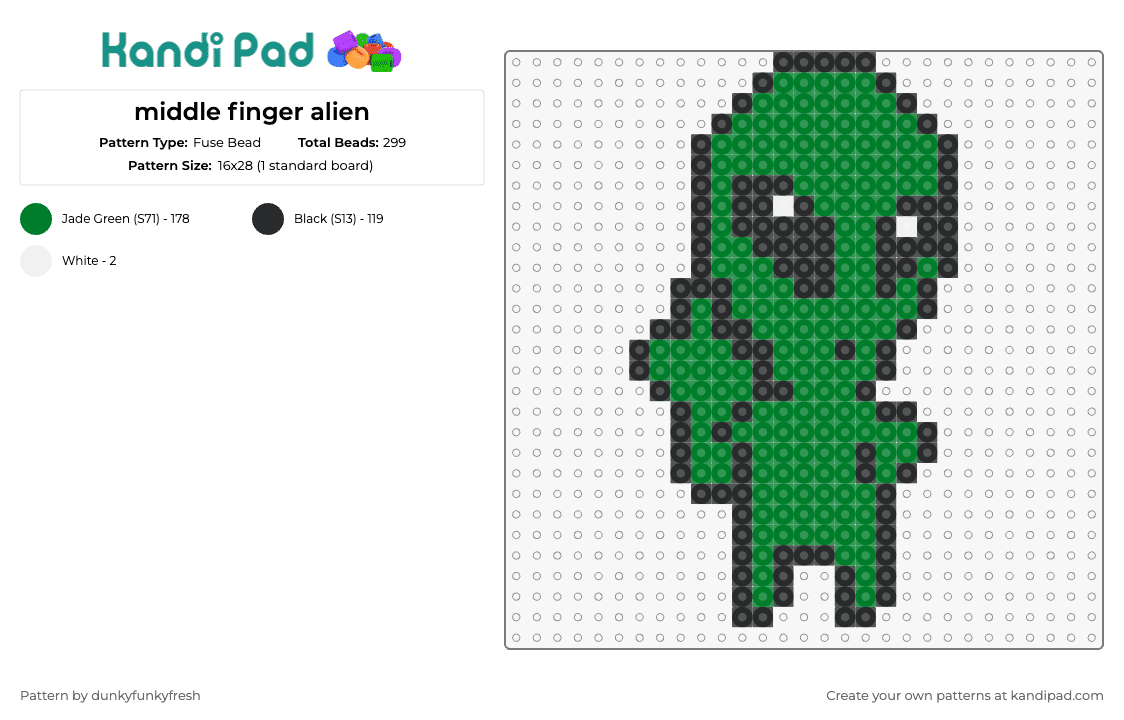 middle finger alien - Fuse Bead Pattern by dunkyfunkyfresh on Kandi Pad - middle finger,alien,rude,funny,extraterrestrial,cheeky,irreverent,collection,humor,interstellar,sass,green
