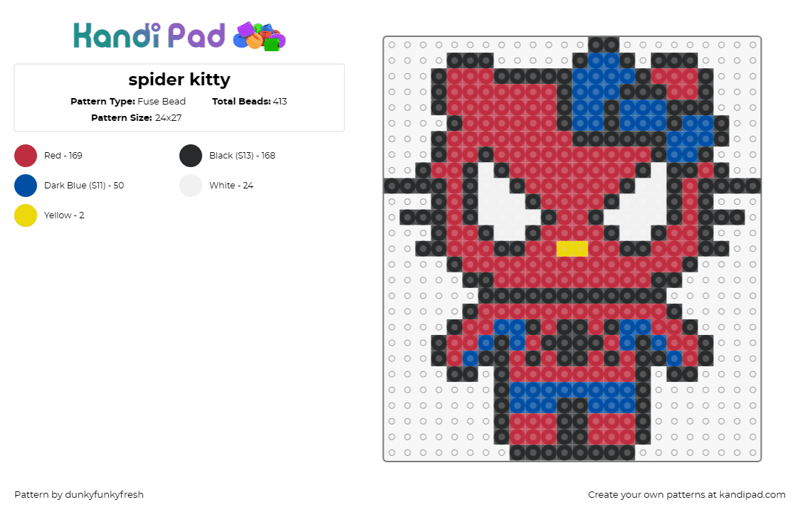 spider kitty - Fuse Bead Pattern by dunkyfunkyfresh on Kandi Pad - spiderman,hello kitty,marvel,sanrio,character,superhero,mashup,costume,red,blue