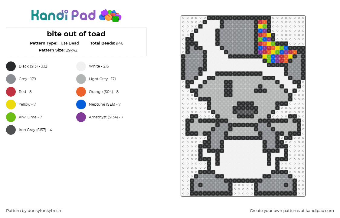 bite out of toad - Fuse Bead Pattern by dunkyfunkyfresh on Kandi Pad - toad,zombie,mario,nintendo,character,brain,spooky,colorful,grayscale,white