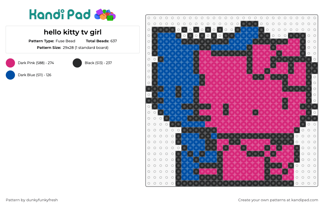 hello kitty tv girl - Fuse Bead Pattern by dunkyfunkyfresh on Kandi Pad - hello kitty,tv girl,sanrio,vibrant,retro,electronics,charm,collectors,pop culture,nostalgia,modern,fun,fashionable,pink,blue