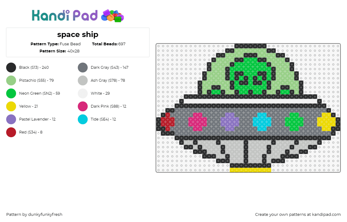 space ship - Fuse Bead Pattern by dunkyfunkyfresh on Kandi Pad - ufo,alien,flying saucer,space ship,extra terrestrial,colorful,green,gray