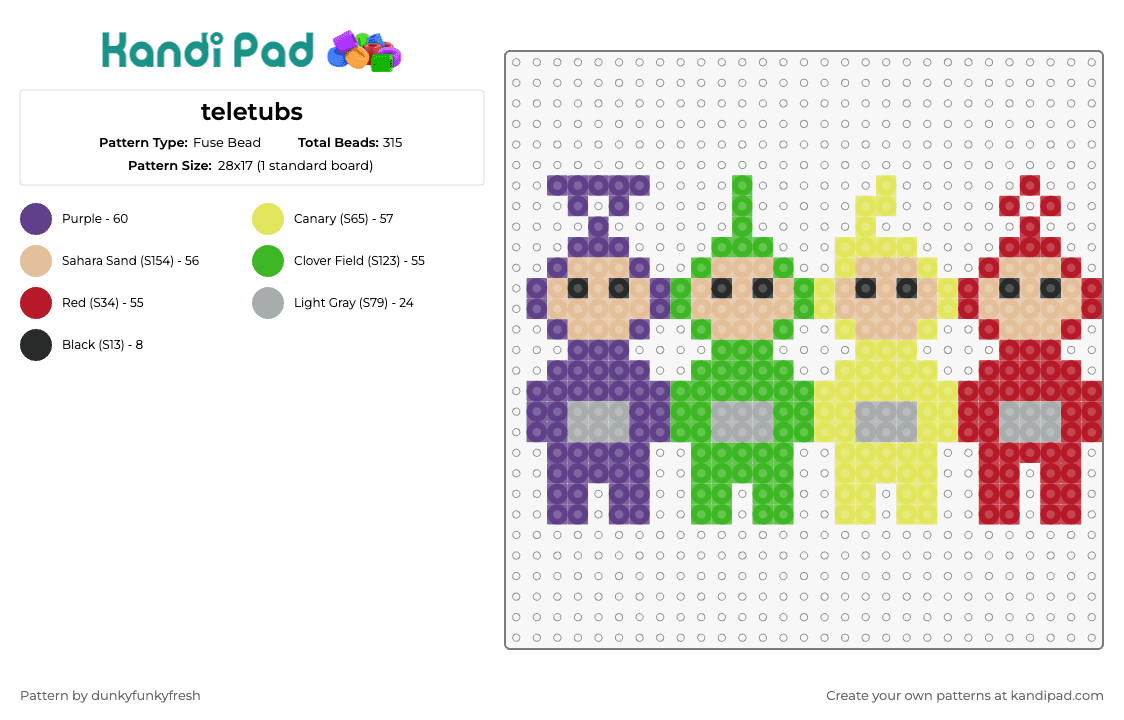 teletubs - Fuse Bead Pattern by dunkyfunkyfresh on Kandi Pad - teletubbies,tinky winky,laa laa,dipsy,po,characters,tv show,children,purple,green,yellow,red