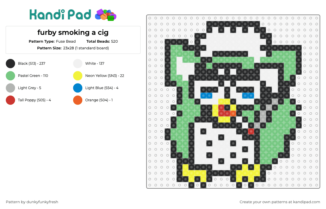 furby smoking a cig - Fuse Bead Pattern by dunkyfunkyfresh on Kandi Pad - furby,cigarette,nostalgia,quirky,playful,character,humor,edge,green,white