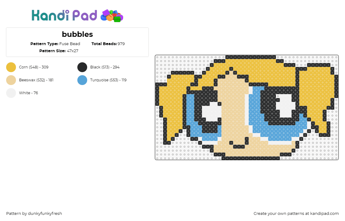 bubbles - Fuse Bead Pattern by dunkyfunkyfresh on Kandi Pad - bubbles,powerpuff girls,hero,cartoon,character,cute,blonde,tv show,blue,yellow