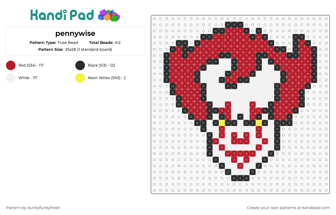pennywise - Fuse Bead Pattern by dunkyfunkyfresh on Kandi Pad - pennywise,it,clown,scary,movie,book,character,horror,chilling,icon,frightening,thrill,red,white