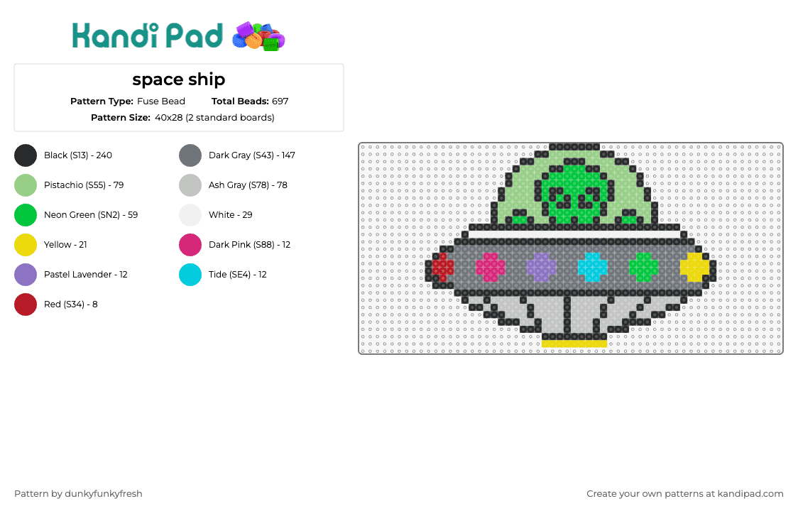 space ship - Fuse Bead Pattern by dunkyfunkyfresh on Kandi Pad - ufo,alien,flying saucer,space ship,extra terrestrial,colorful,green,gray