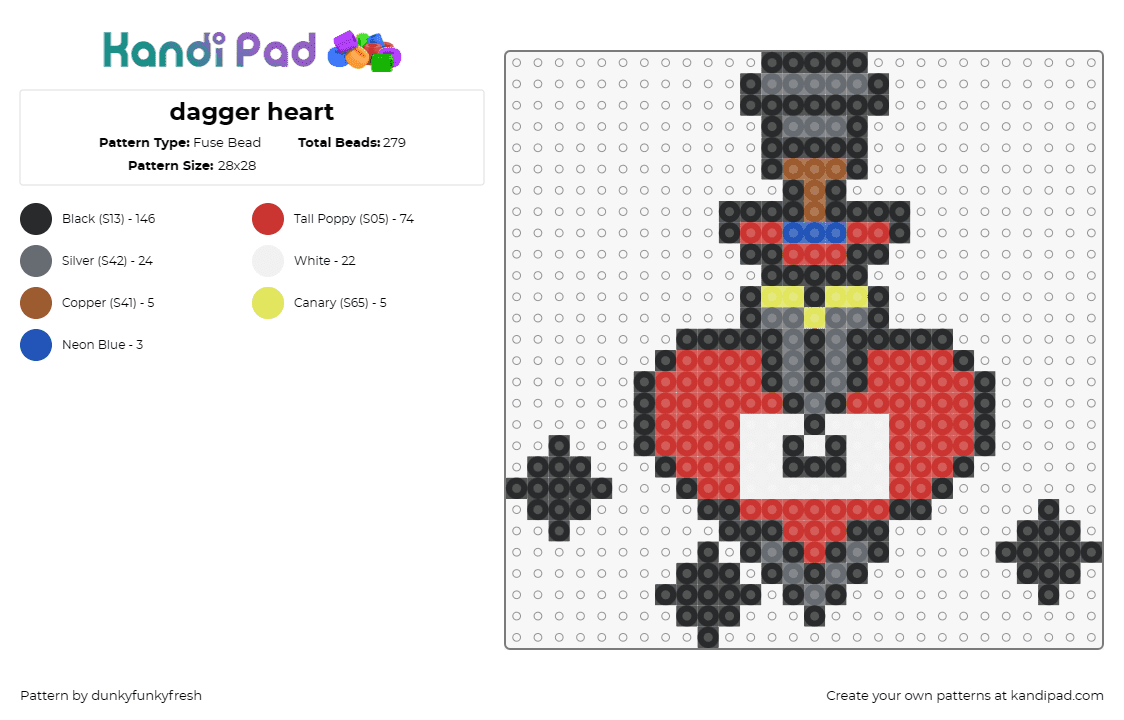 dagger heart - Fuse Bead Pattern by dunkyfunkyfresh on Kandi Pad - tattoo,dagger,heart,traditional,bold,striking,symbolic,timeless,style,red