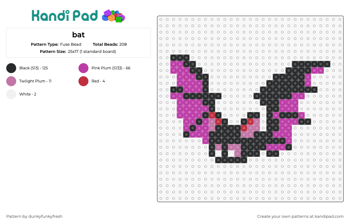 bat - Fuse Bead Pattern by dunkyfunkyfresh on Kandi Pad - bat,flying,animal,spooky,halloween,night,nocturnal,macabre,twilight,black,pink