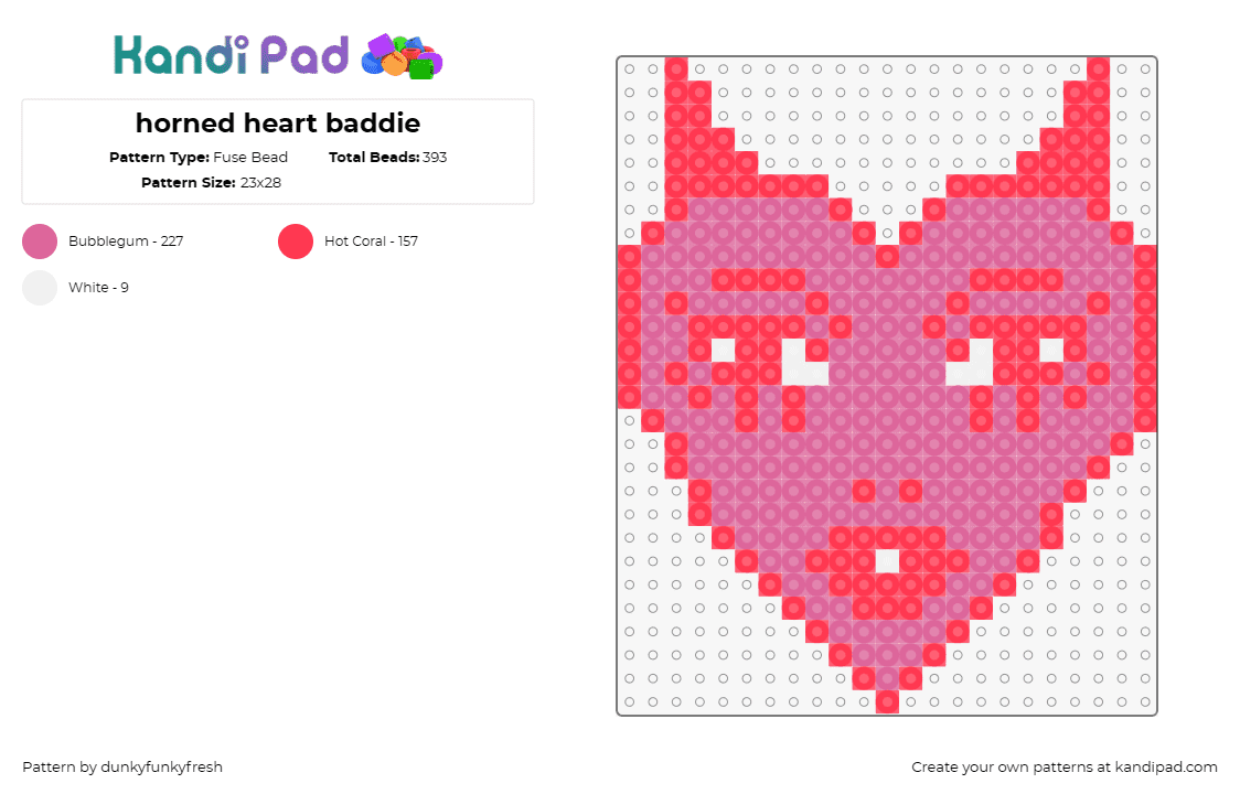 horned heart baddie - Fuse Bead Pattern by dunkyfunkyfresh on Kandi Pad - heart,devil,horns,face,mischief,playful,impish,edgy,affection,red,pink