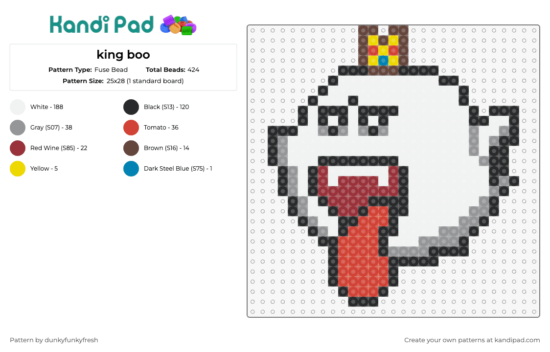 king boo - Fuse Bead Pattern by dunkyfunkyfresh on Kandi Pad - boo,ghost,mario,nintendo,crown,mischievous,iconic,charm,fan,red,white