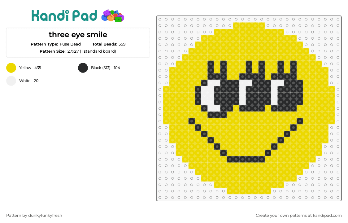 three eye smile - Fuse Bead Pattern by dunkyfunkyfresh on Kandi Pad - smiley,eyes,alien,happy,mystery,extraterrestrial,charm,joy,yellow