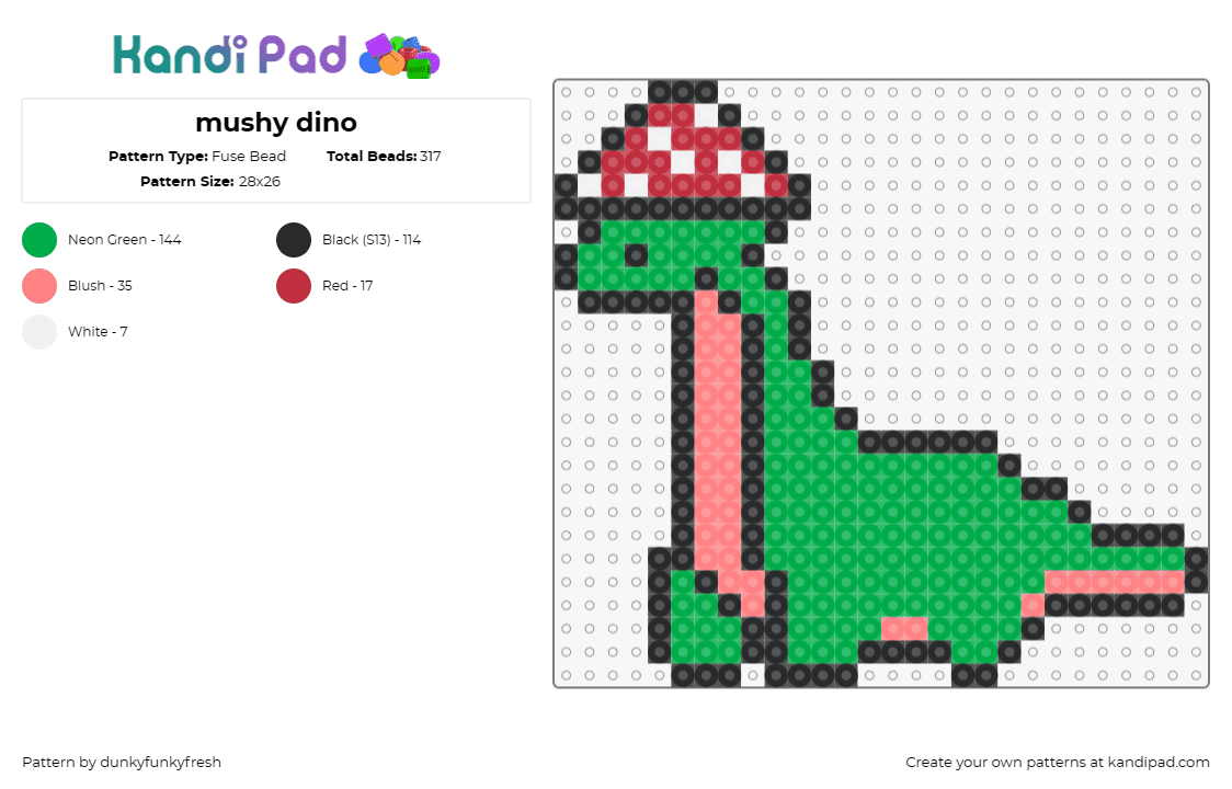 mushy dino - Fuse Bead Pattern by dunkyfunkyfresh on Kandi Pad - dinosaur,brontosaurus,mushroom,hat,cute,whimsical,prehistoric,playful,green