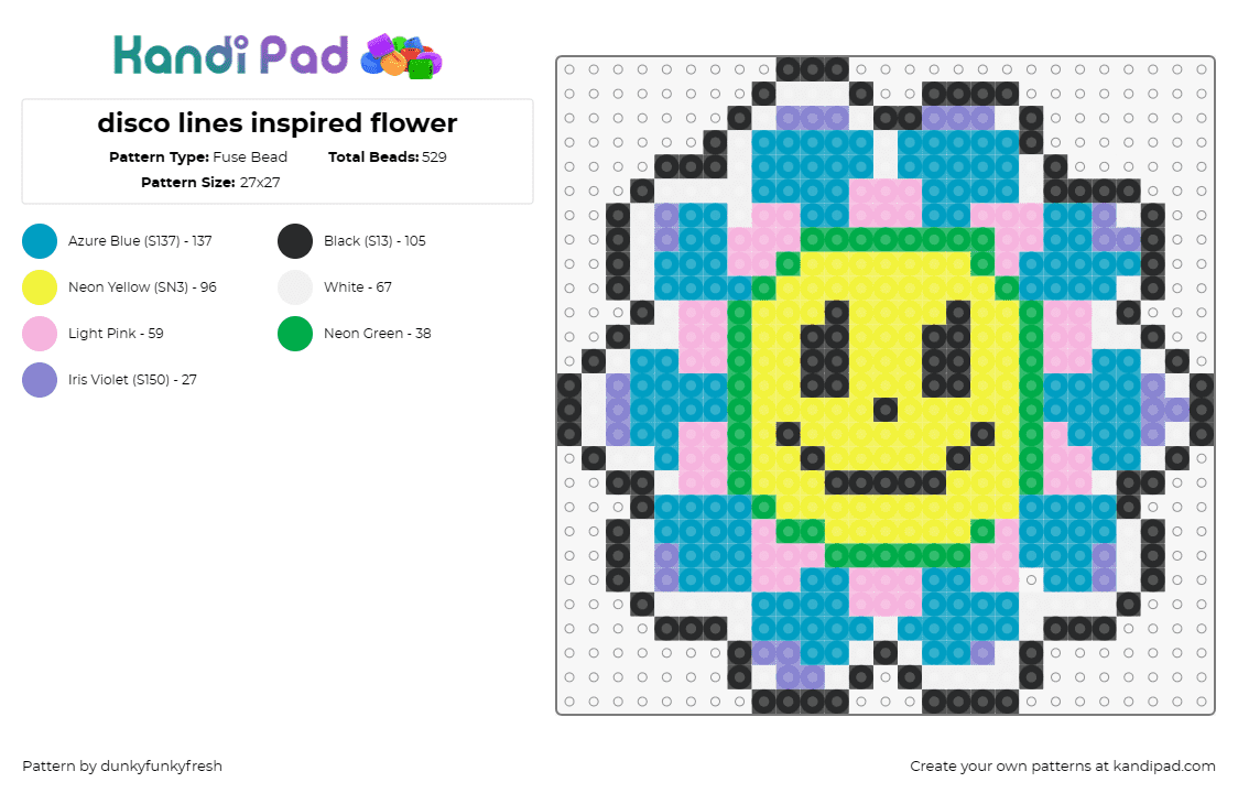 disco lines inspired flower - Fuse Bead Pattern by dunkyfunkyfresh on Kandi Pad - disco lines,smiley,flower,dj,edm,music,cheerful,geometric,electronic,yellow,blue