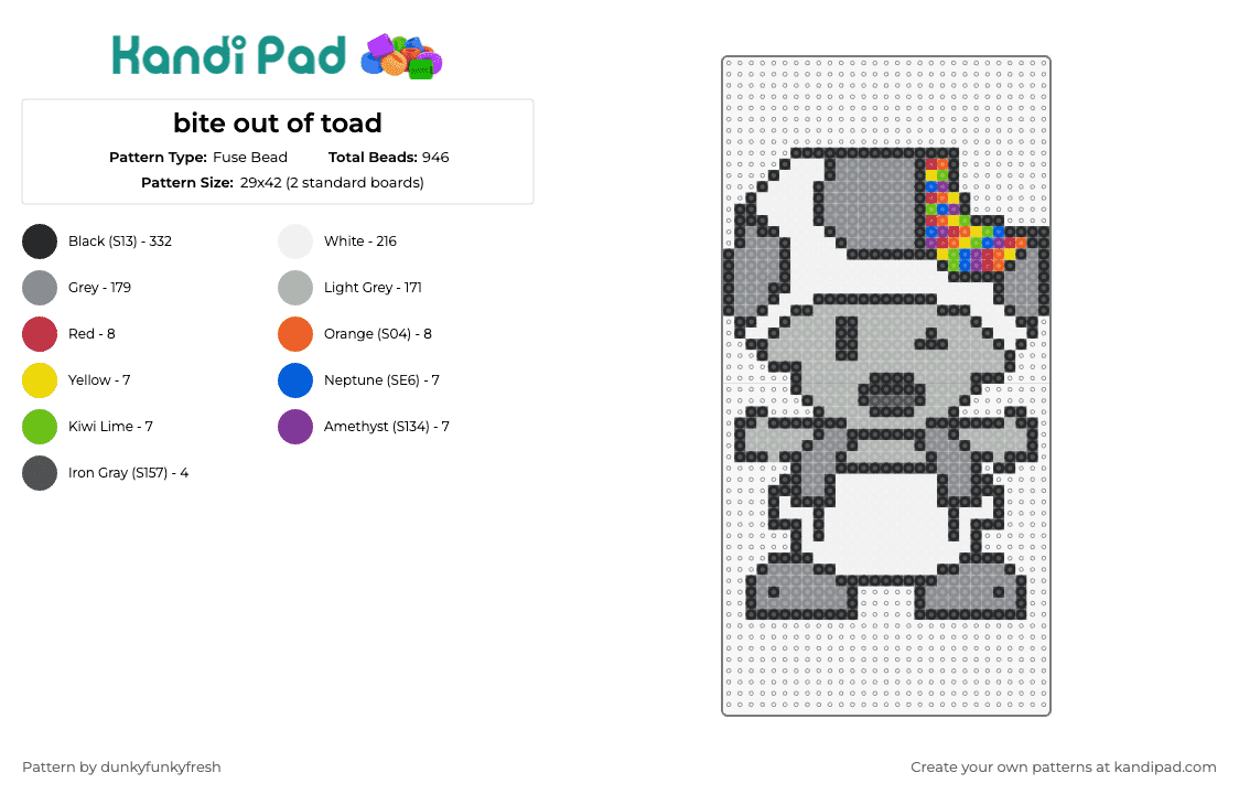bite out of toad - Fuse Bead Pattern by dunkyfunkyfresh on Kandi Pad - toad,zombie,mario,nintendo,brain,colorful,grayscale,funny,spooky,character,white