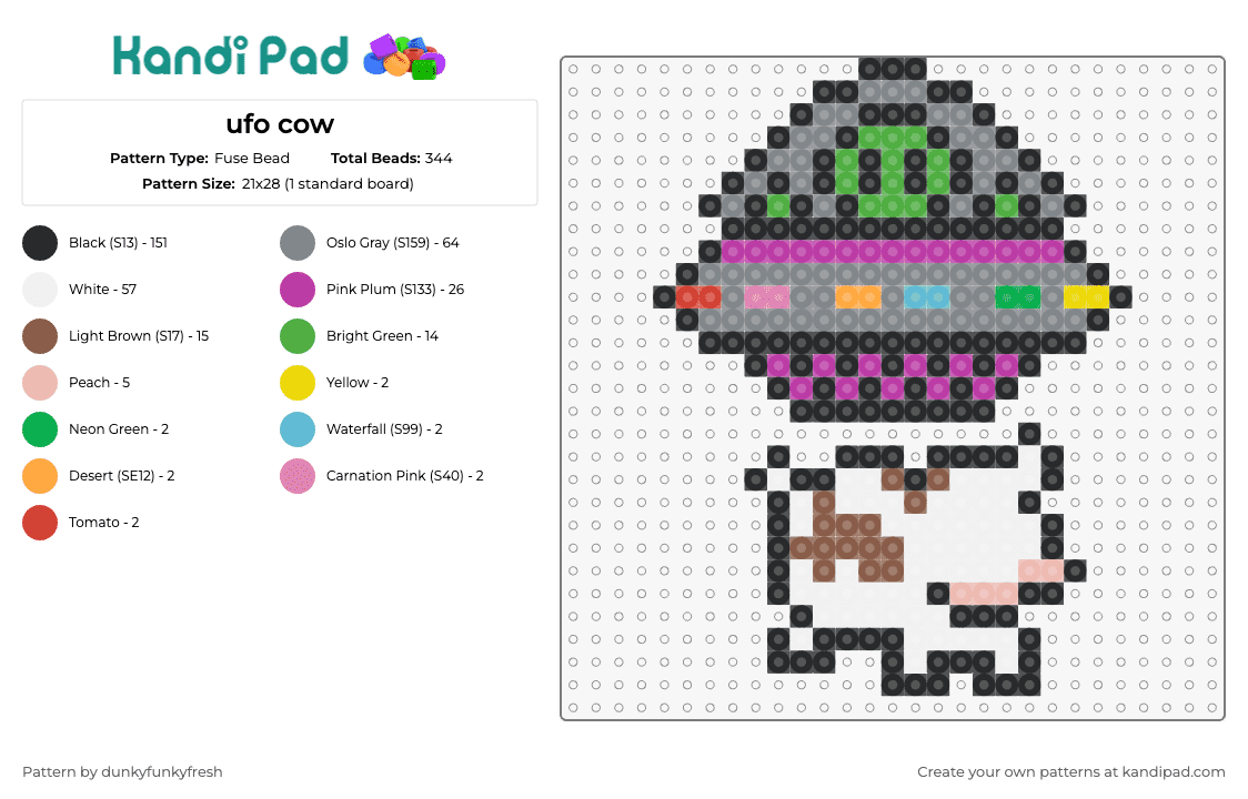 ufo cow - Fuse Bead Pattern by dunkyfunkyfresh on Kandi Pad - ufo,alien,abduction,cow,space,whimsical,sci-fi,unexplained,playful,gray,pink,white