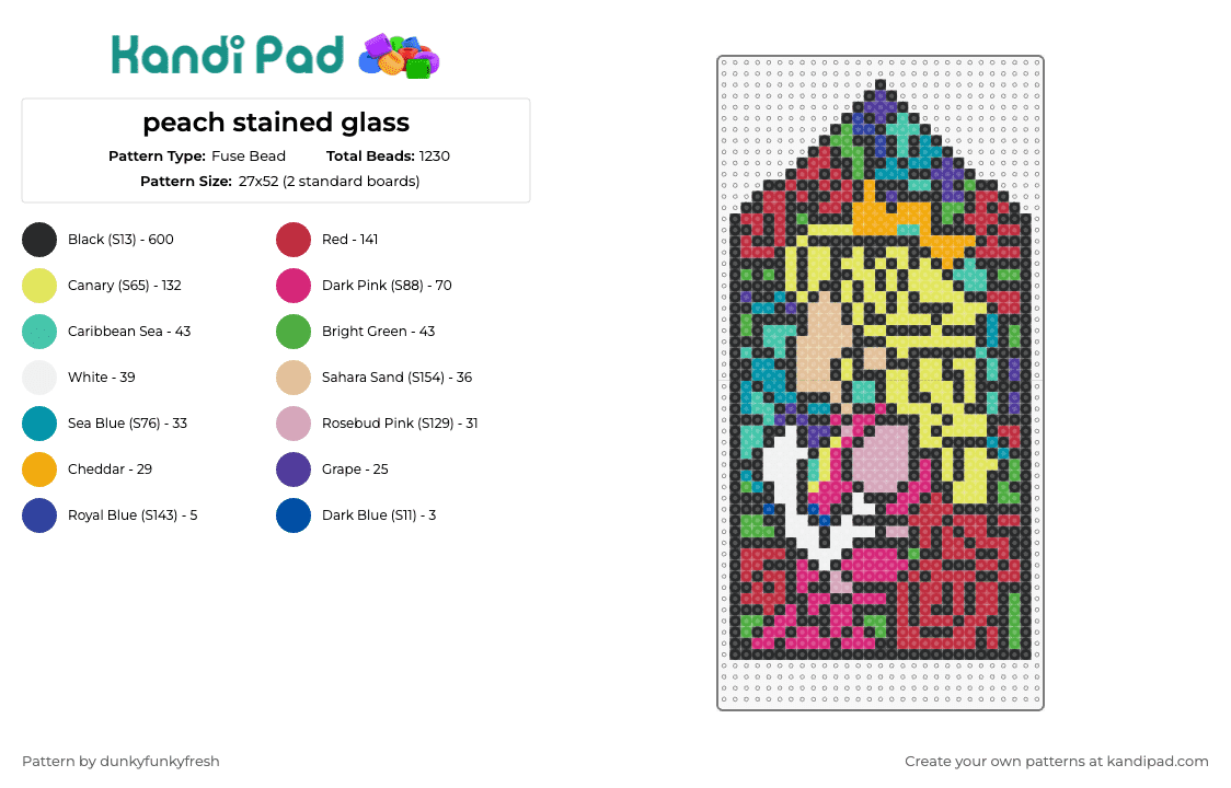 peach stained glass - Fuse Bead Pattern by dunkyfunkyfresh on Kandi Pad - stained glass,princess peach,mario,nintendo,character,intricate,tribute,colorful,gaming,red,yellow