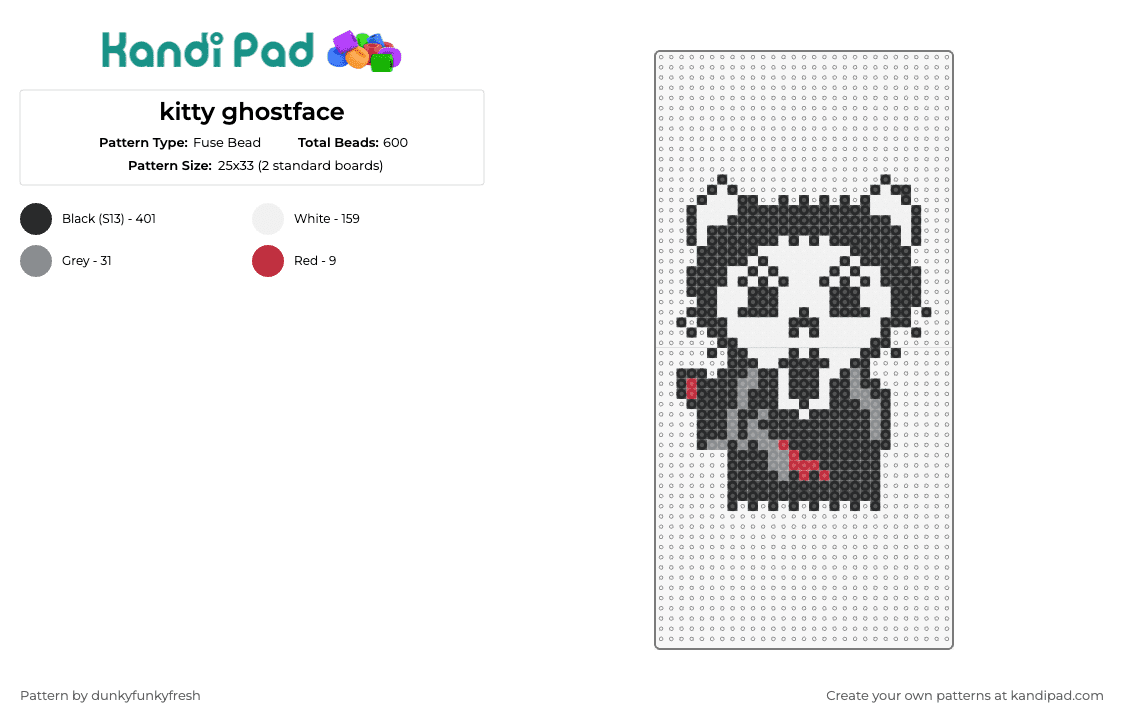kitty ghostface - Fuse Bead Pattern by dunkyfunkyfresh on Kandi Pad - ghost face,cat,scream,horror,playful,eerie,quirky,fusion,whimsy,spooky,black,white