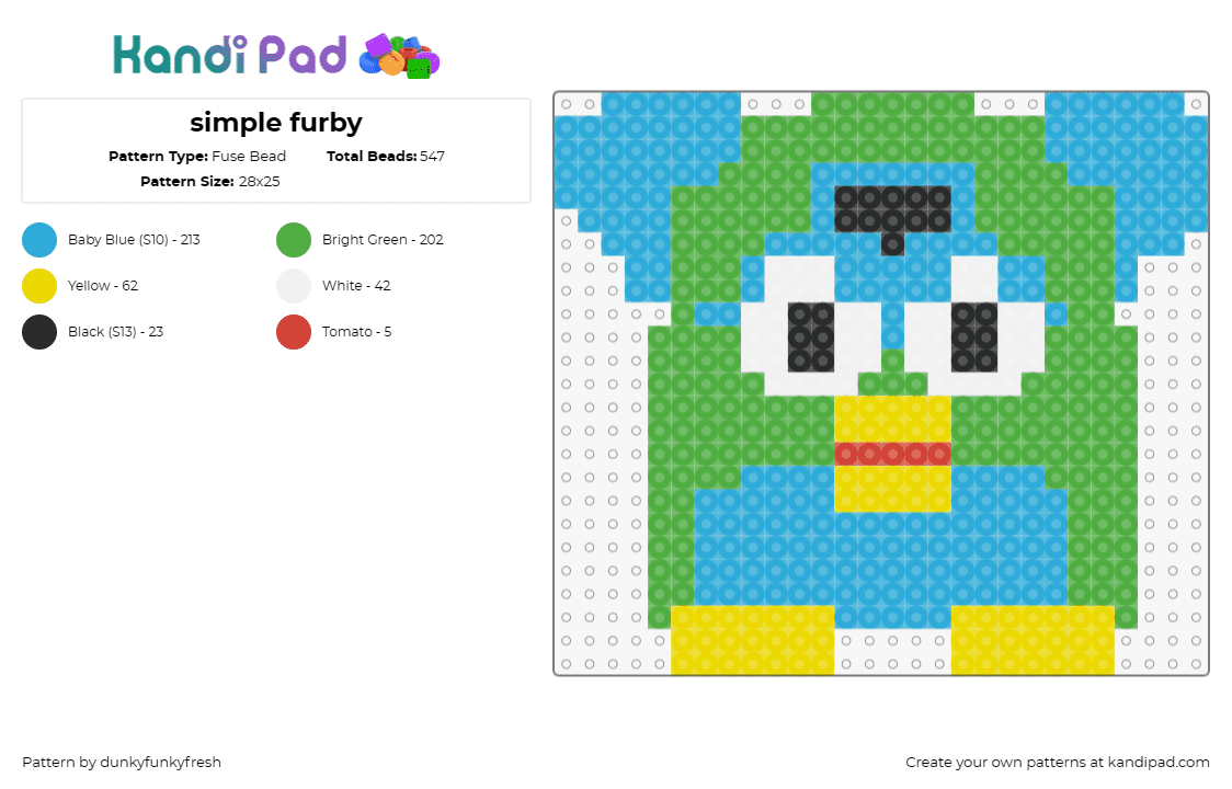 simple furby - Fuse Bead Pattern by dunkyfunkyfresh on Kandi Pad - furby,toy,classic,nostalgia,electronic,green,light blue,yellow