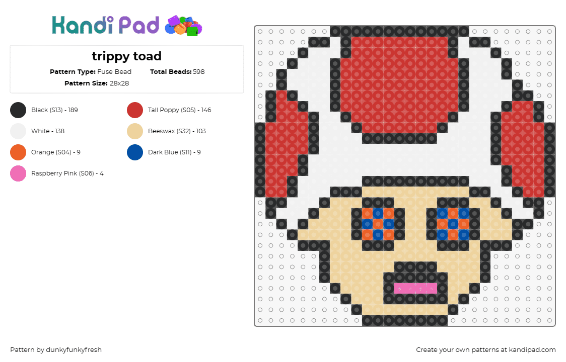 trippy toad - Fuse Bead Pattern by dunkyfunkyfresh on Kandi Pad - toad,trippy,nintendo,mushroom,character,psychedelic,tan,red,white