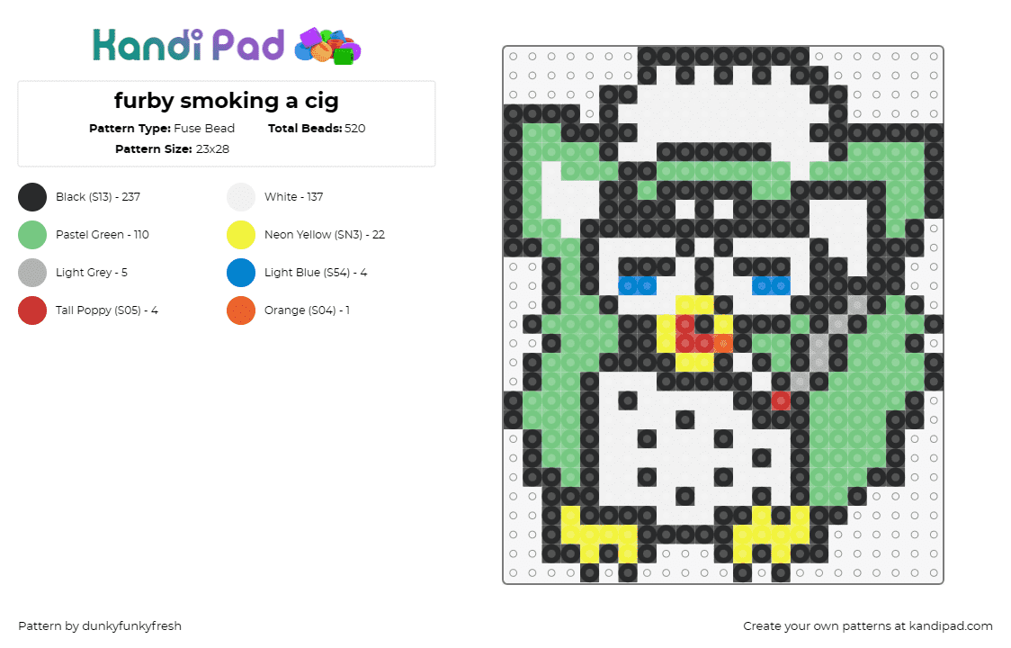 furby smoking a cig - Fuse Bead Pattern by dunkyfunkyfresh on Kandi Pad - furby,cigarette,nostalgia,quirky,playful,character,humor,edge,green,white